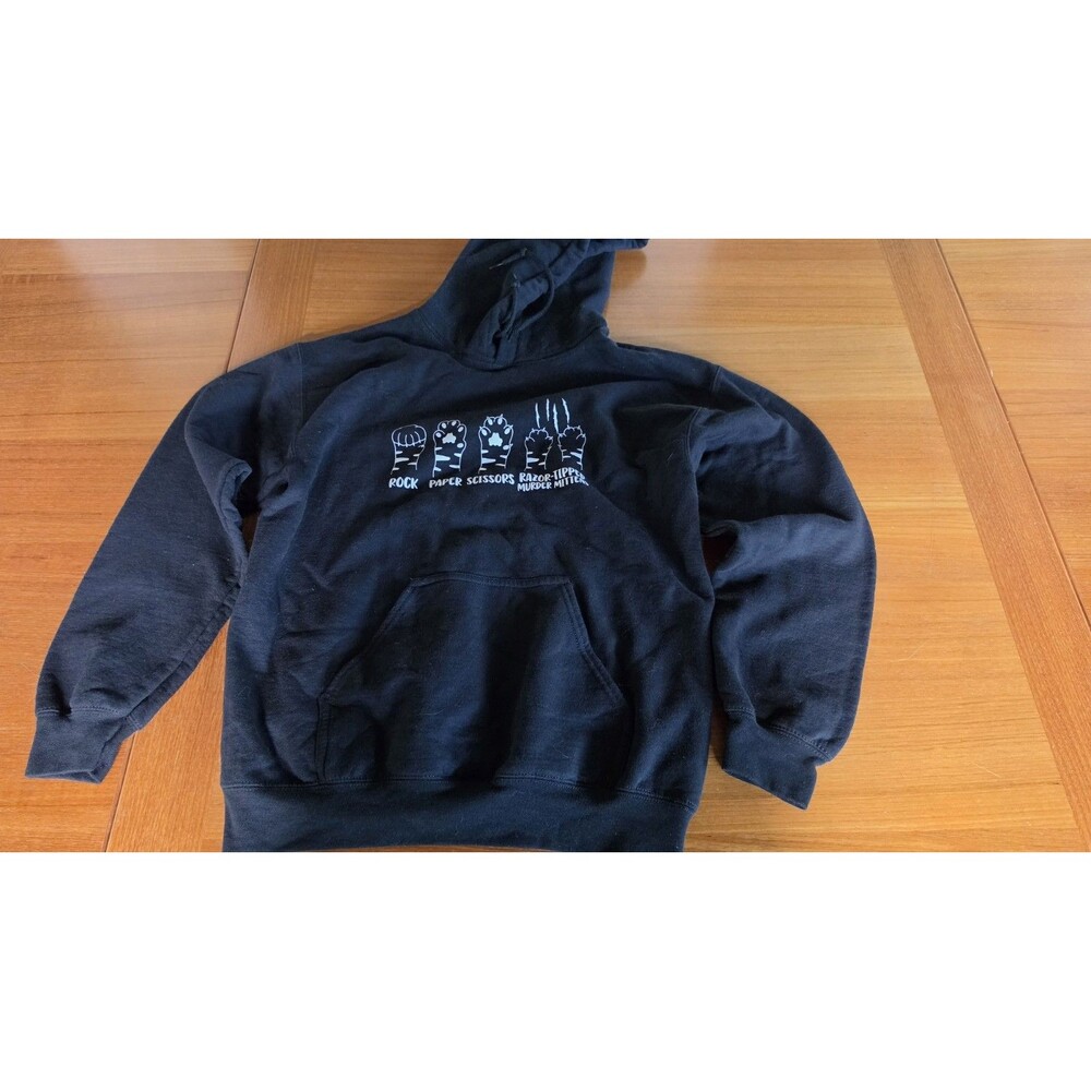 Women's Black Hooded Sweatshirt Rock Paper Scissors Razor-Tipped Murder Mittens